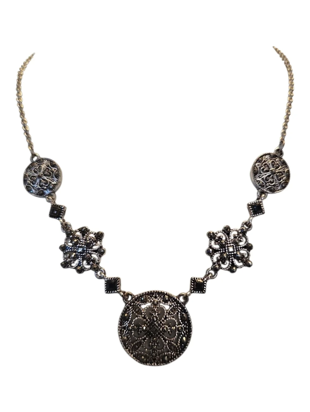Crown Trifari Vintage Elegant Silver Filigree Marcasite Medallion Necklace